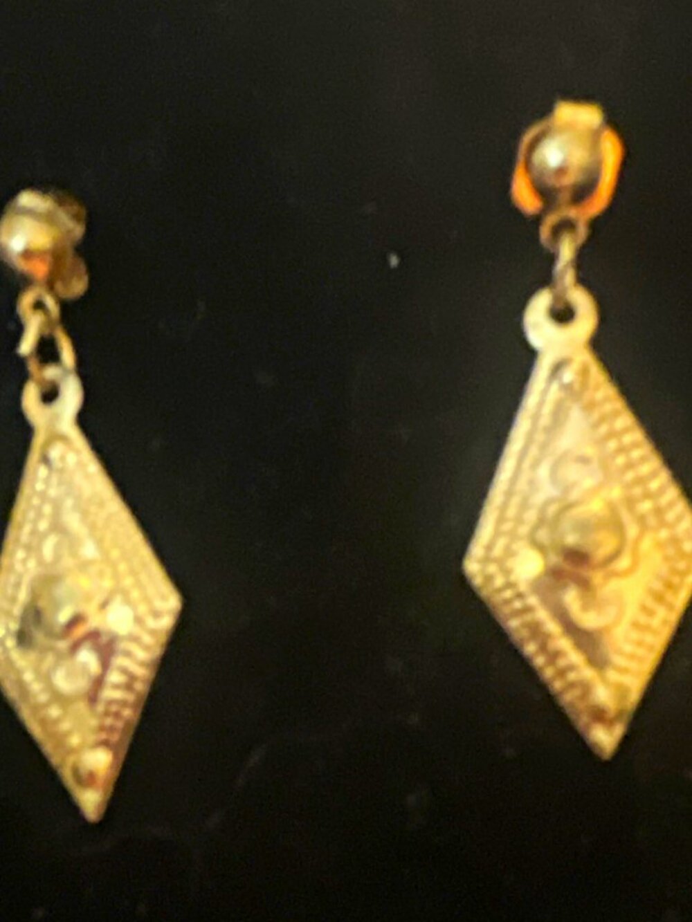 Gold Tone Textured Diamond Shape Dangle Drop Earrings Metal Butterfly Lobe
